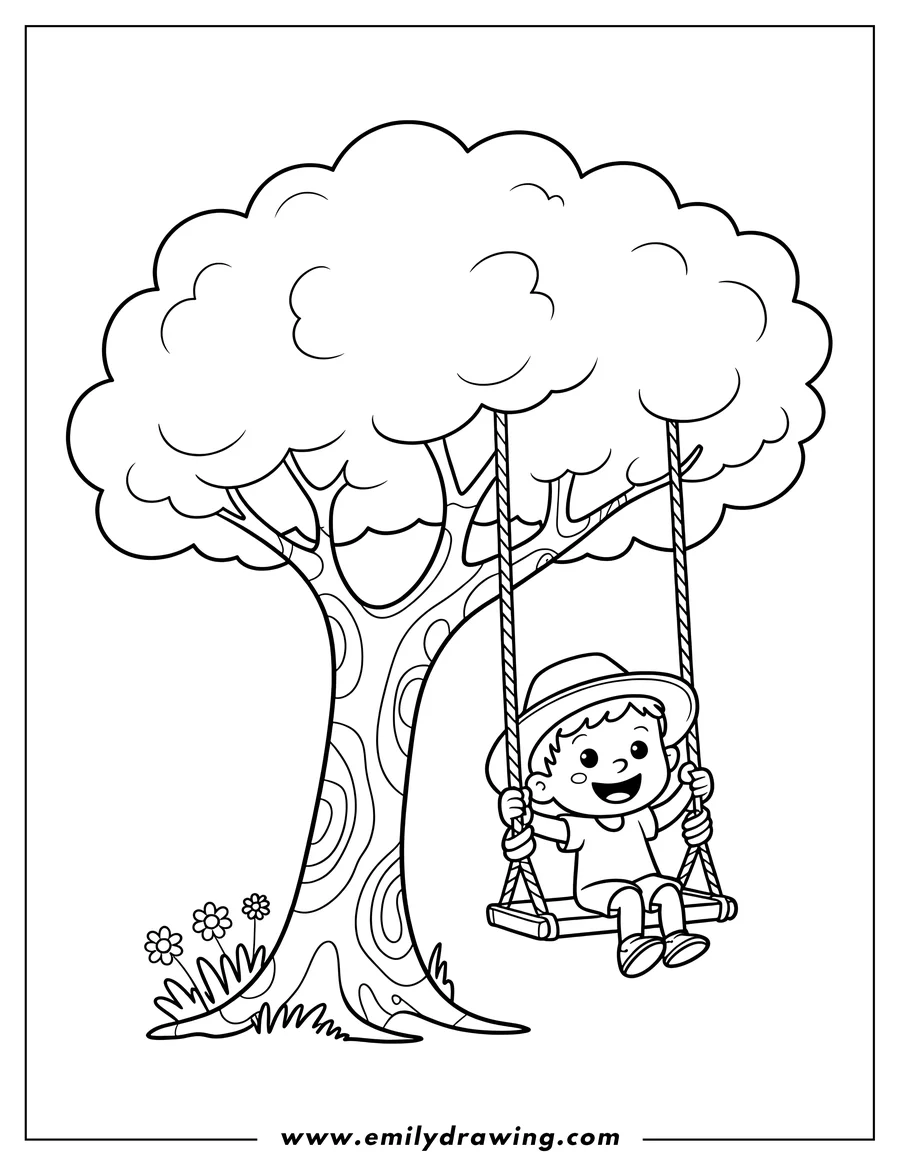 Outline of a child having fun on a swing hanging from a tree in a park setting.
