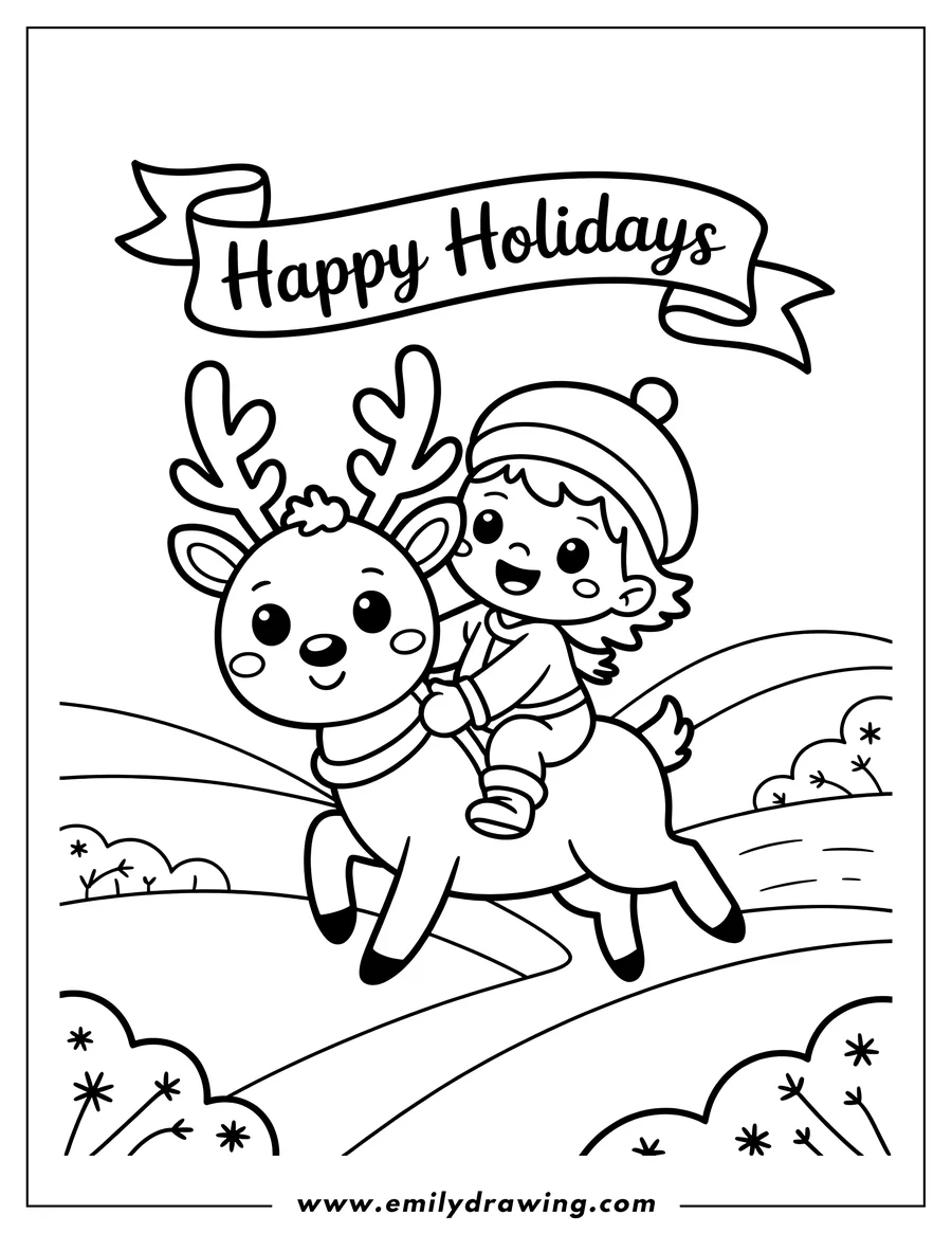 Outline of a child with a winter hat riding a reindeer through a snowy field. A 