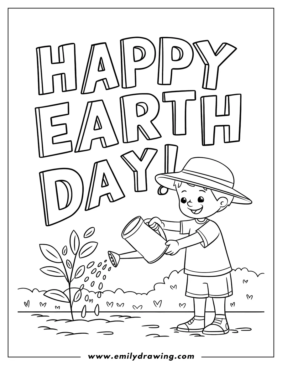 Line art of a child wearing a sun hat and watering a small plant with a watering can. The words