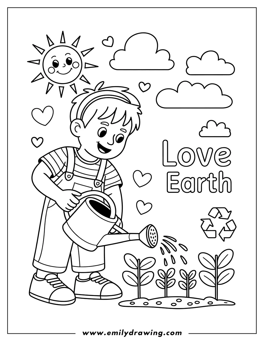 Line art of a child watering small plants with a watering can. The sun is shining and there are clouds in the sky. The words 'Love Earth' appear to the right side of the image, along with a recycling symbol.