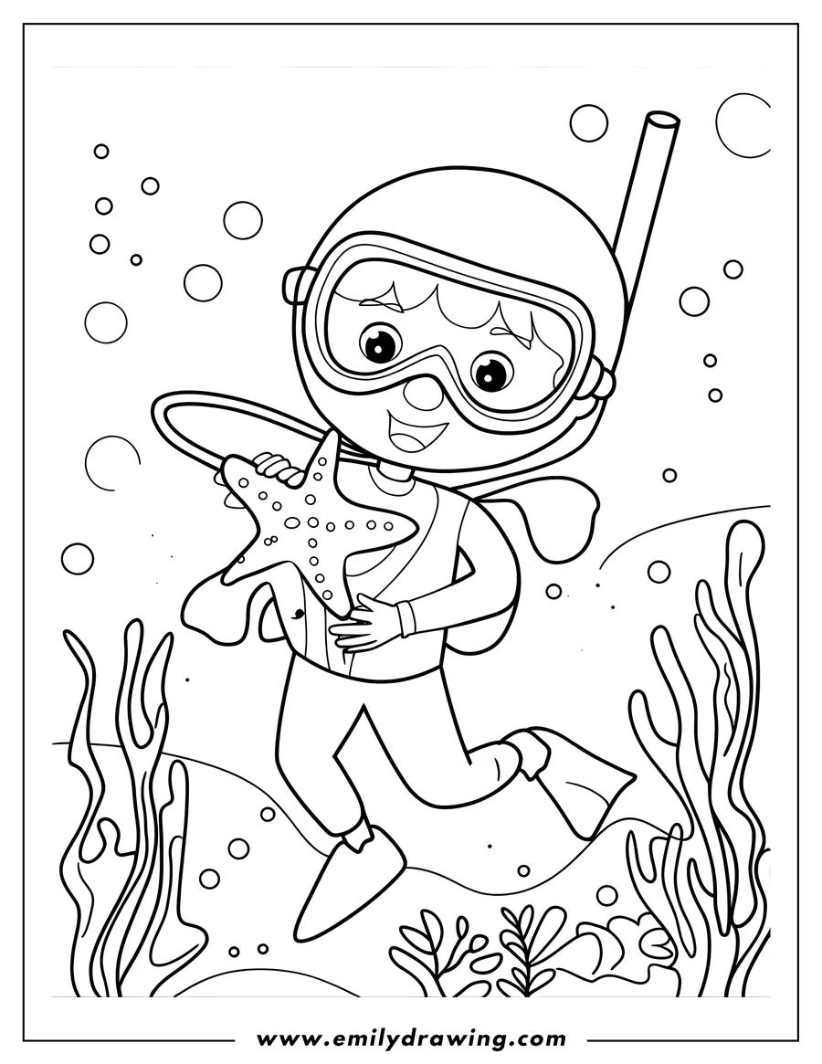 Line art of a child wearing a diving mask and flippers, holding a starfish while swimming underwater. Bubbles float around, and seaweed sways gently on the seabed.