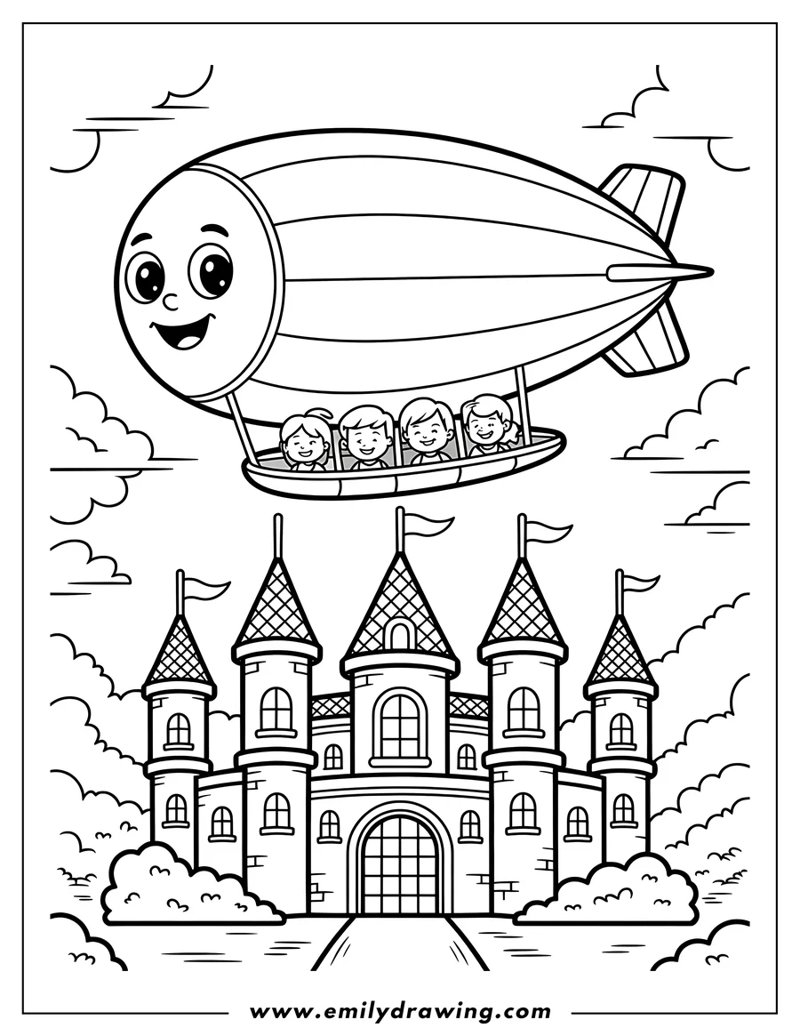 Line art of a castle with an airship carrying children flying overhead.