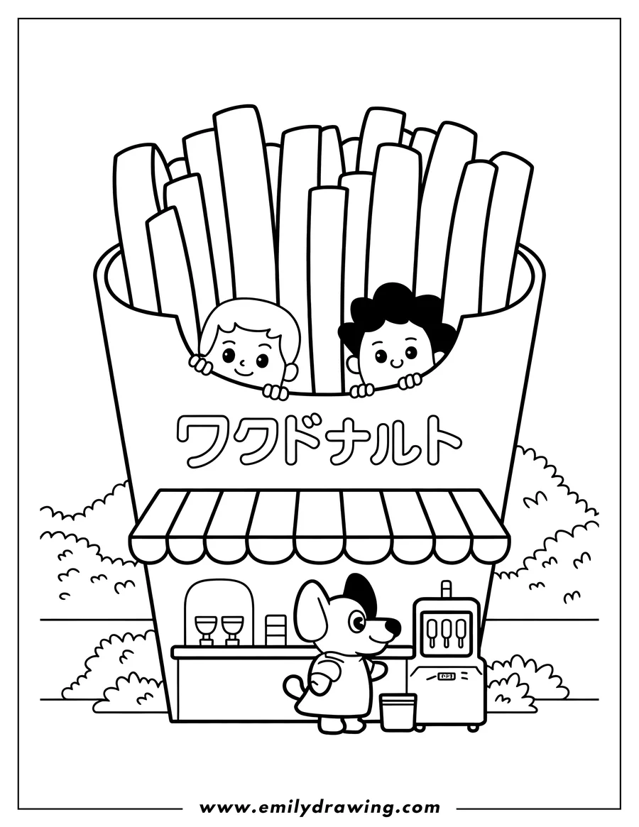 Line art of two children peeking out from a large container of french fries atop a food stand, with a dog waiting nearby.