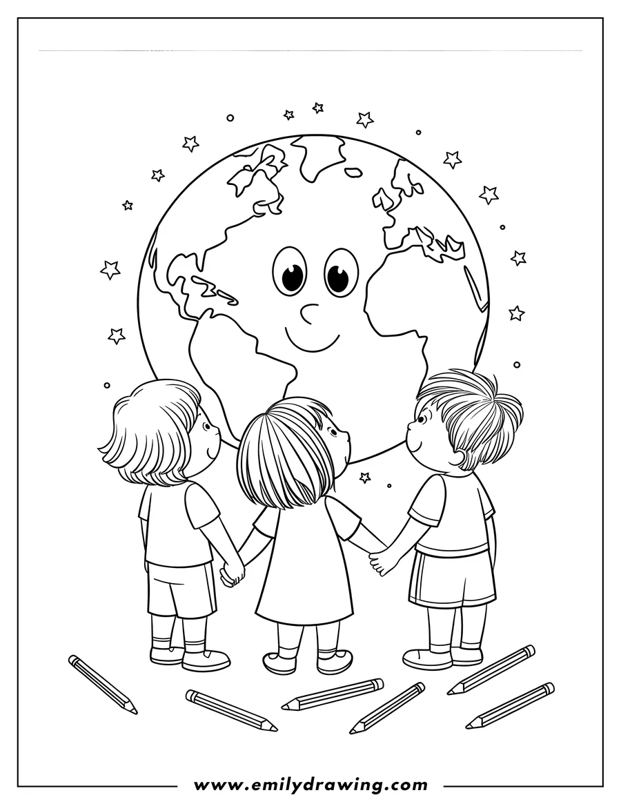 Three children holding hands and looking up at a smiling Earth with stars around it. Crayons are scattered at their feet.