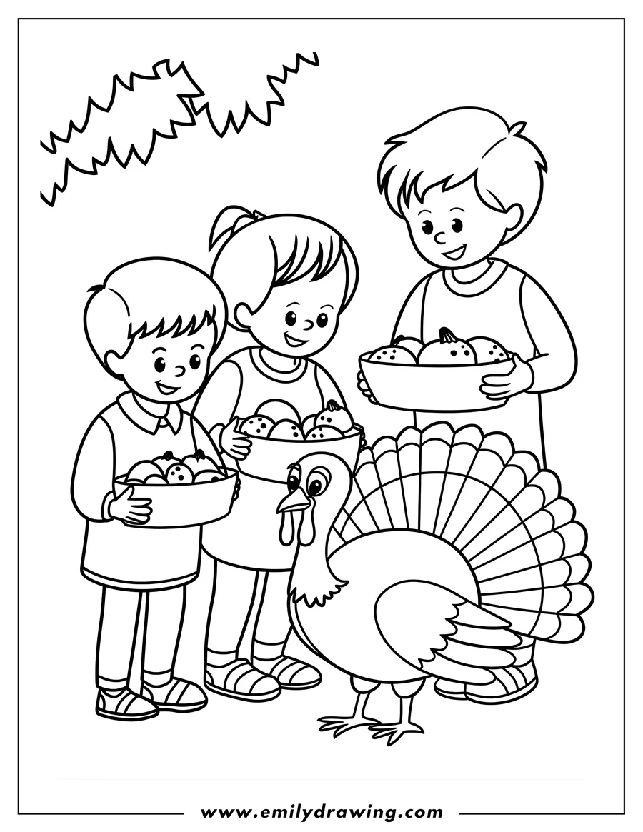 Line art of two children offering apples to a turkey. They're smiling, and the turkey looks happy too.