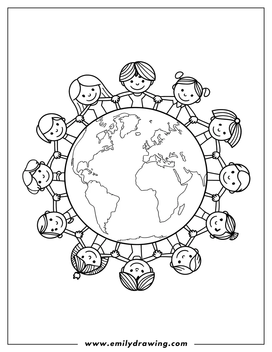 Outline of children holding hands around the globe.