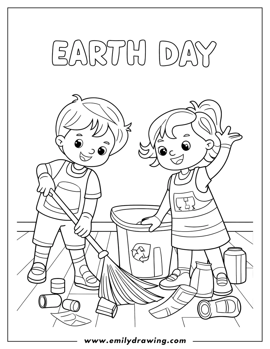 Two children cleaning up trash for Earth Day. One child sweeps with a broom, and the other collects items. A recycling bin stands nearby.
