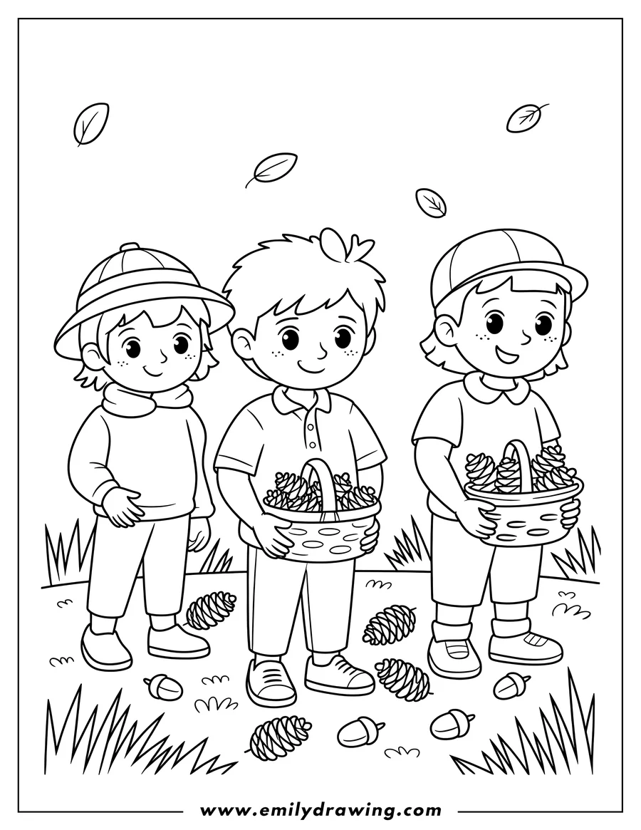 Outline of three children collecting pine cones in baskets. Fallen leaves and acorns are scattered on the ground around them.