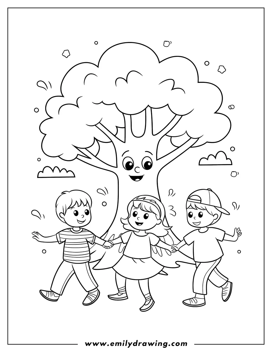 Outline of three children holding hands and walking around a large, smiling tree.