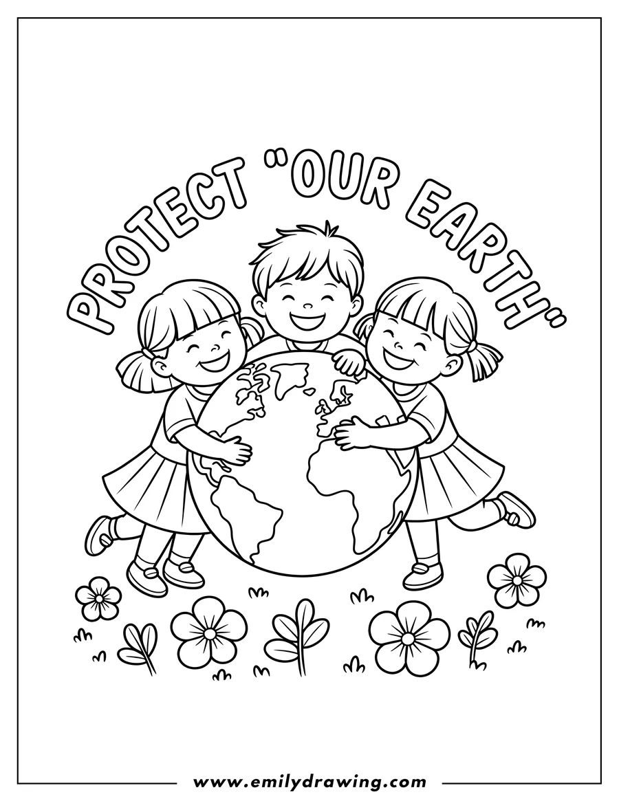Three children hugging the Earth with flowers and grass at their feet. The words