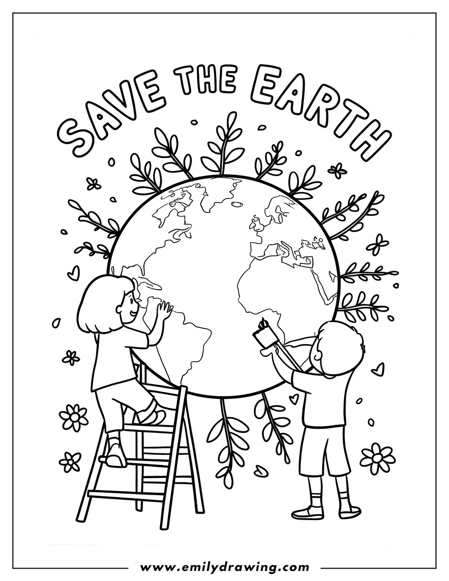 Two children, one on a ladder, collaboratively paint a large depiction of Earth, surrounded by leaves and small flowers, promoting an Earth Day theme.