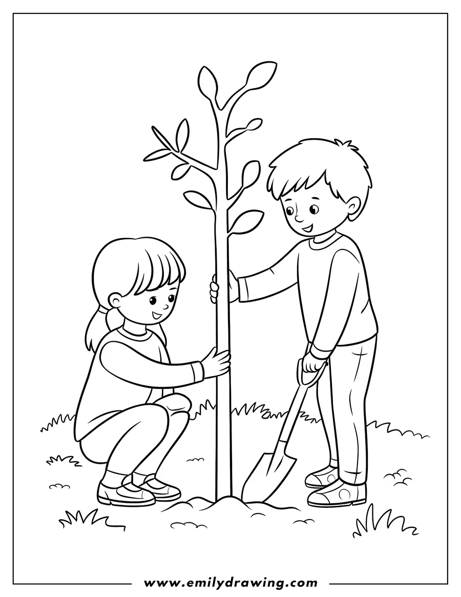Line art of a boy and girl planting a young tree. The boy holds the sapling while the girl crouches beside him, ready to assist.