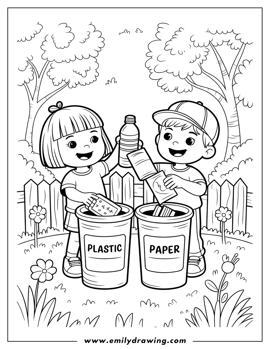 Two children recycling, with the girl putting plastic in a plastic bin and the boy putting paper in a paper bin. They are smiling, celebrating Earth Day.