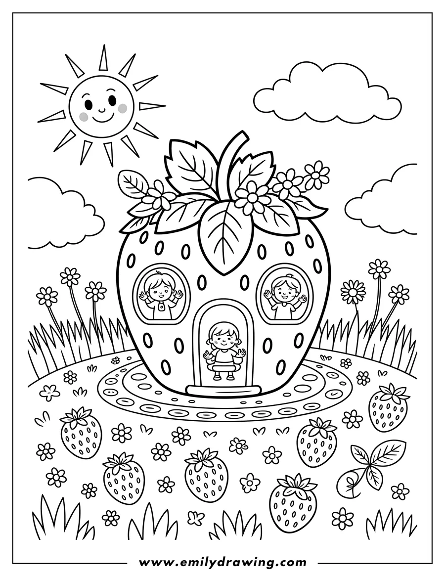 Outline of three children playing in a giant strawberry house surrounded by smaller strawberries, flowers, and grass. A cheerful sun shines overhead.