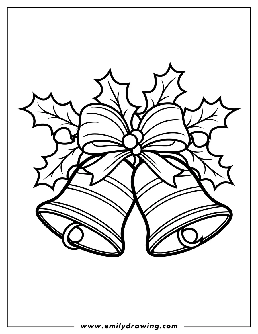 Outline of two Christmas bells decorated with a ribbon and holly leaves.