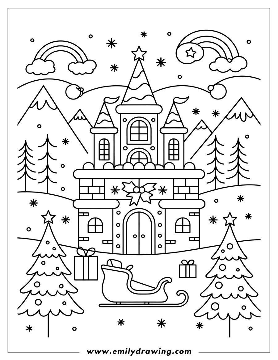 Line art of a Christmas castle with a sleigh, presents, and Christmas trees in a snowy landscape.