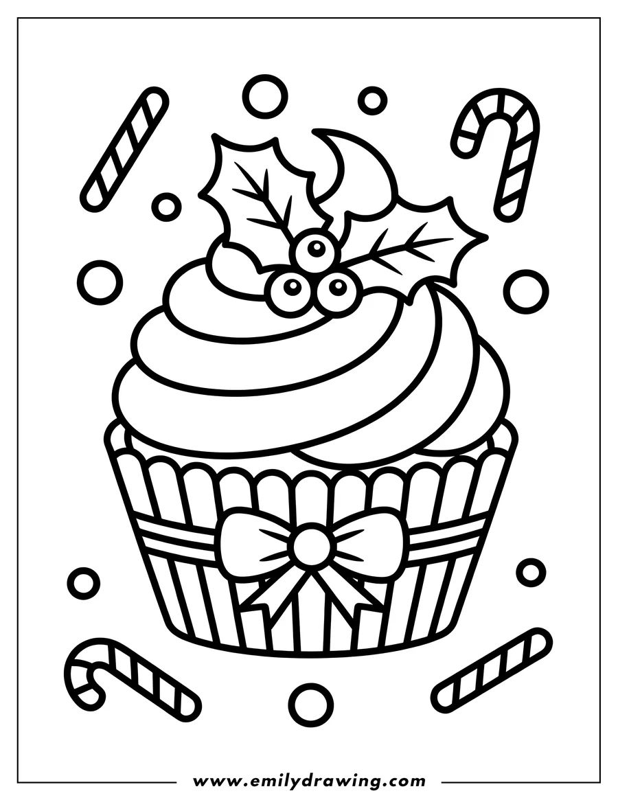 Line art of a Christmas cupcake decorated with a swirl of frosting, holly leaves and berries, a bow, and surrounded by candy canes.