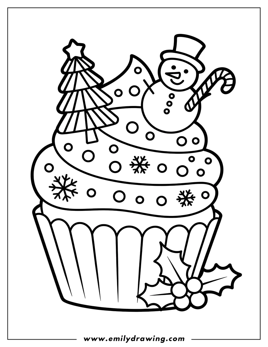 Line art of a Christmas cupcake decorated with a snowman, a Christmas tree, and holly.