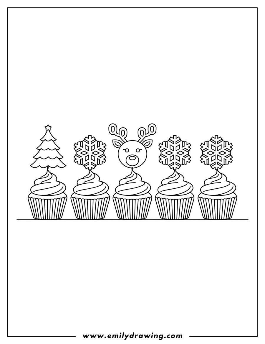 Line art of five cupcakes decorated with Christmas-themed toppings, including a Christmas tree, a reindeer face, and snowflakes.