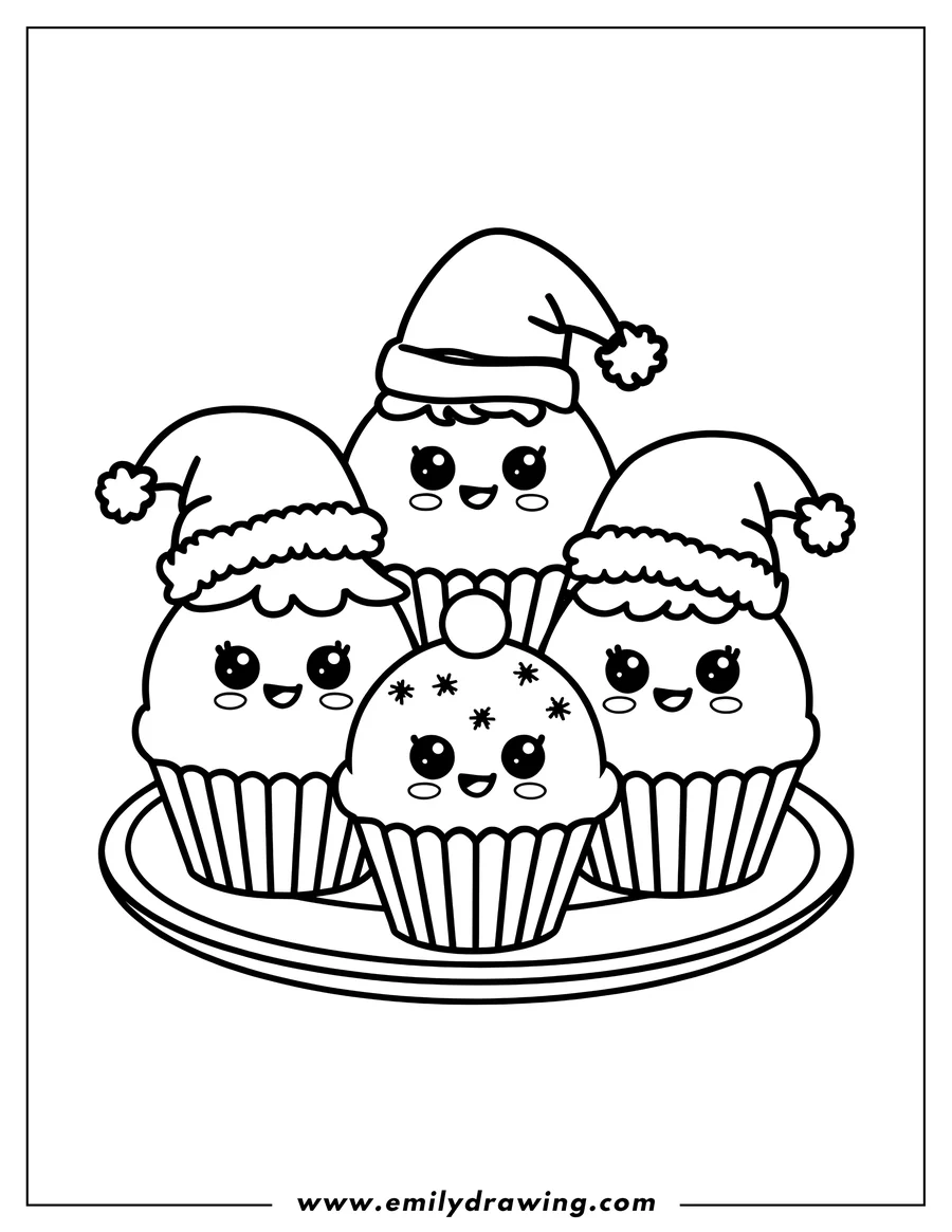 Outline of three kawaii-style Christmas cupcakes on a plate, each wearing a Santa hat. One cupcake is decorated with sprinkles.