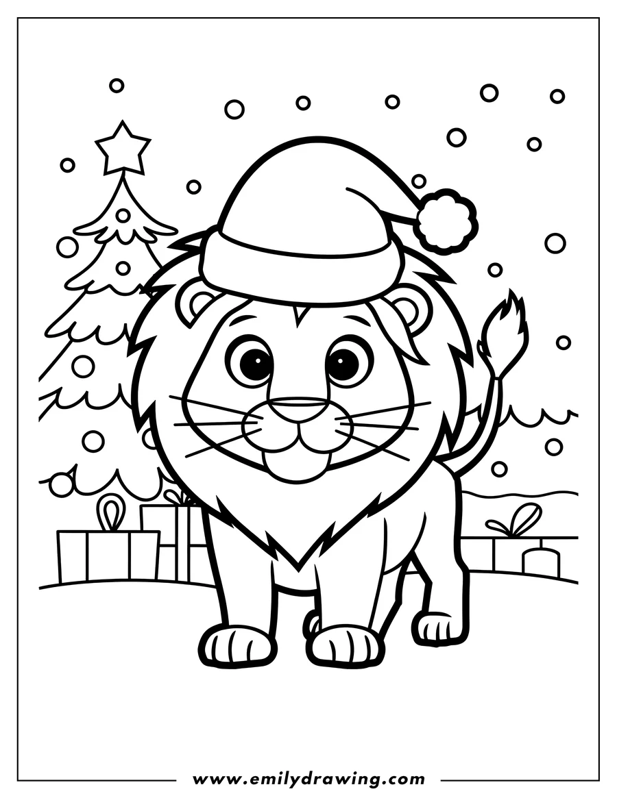 Line art of a lion wearing a Santa hat standing near a Christmas tree and presents. Snow is falling gently around the festive scene.