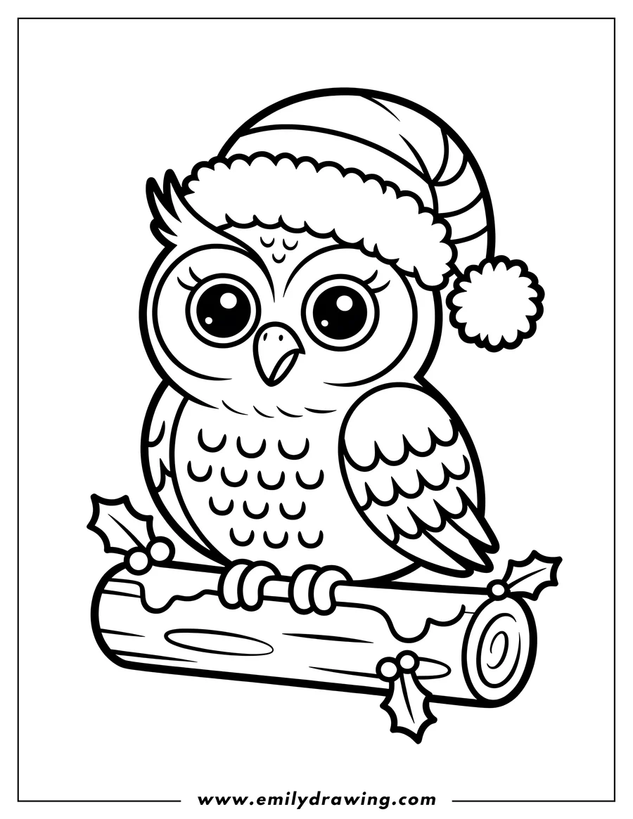 Outline of a small owl wearing a Santa hat and perched on a branch decorated with holly berries.