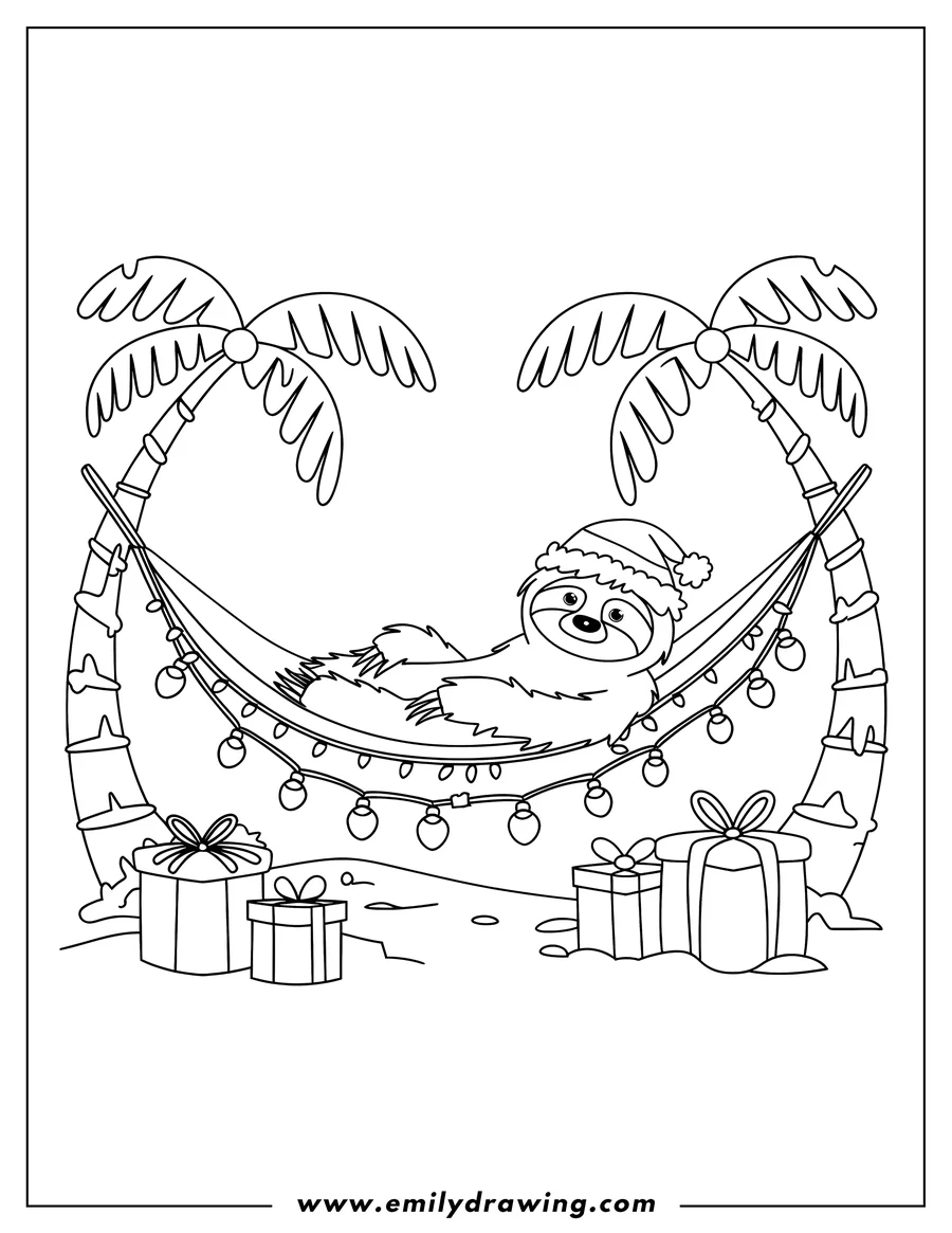 Outline of a sloth wearing a Santa hat, relaxing in a hammock strung between two palm trees, decorated with Christmas lights, with presents underneath on the sand.