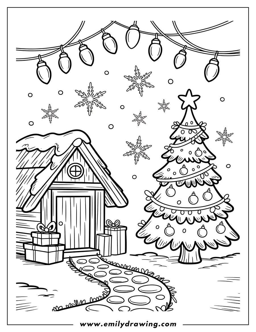 Outline of a Christmas tree with ornaments and lights, a small snow-covered cabin with presents beside the door, snowflakes falling, and a string of lights overhead.