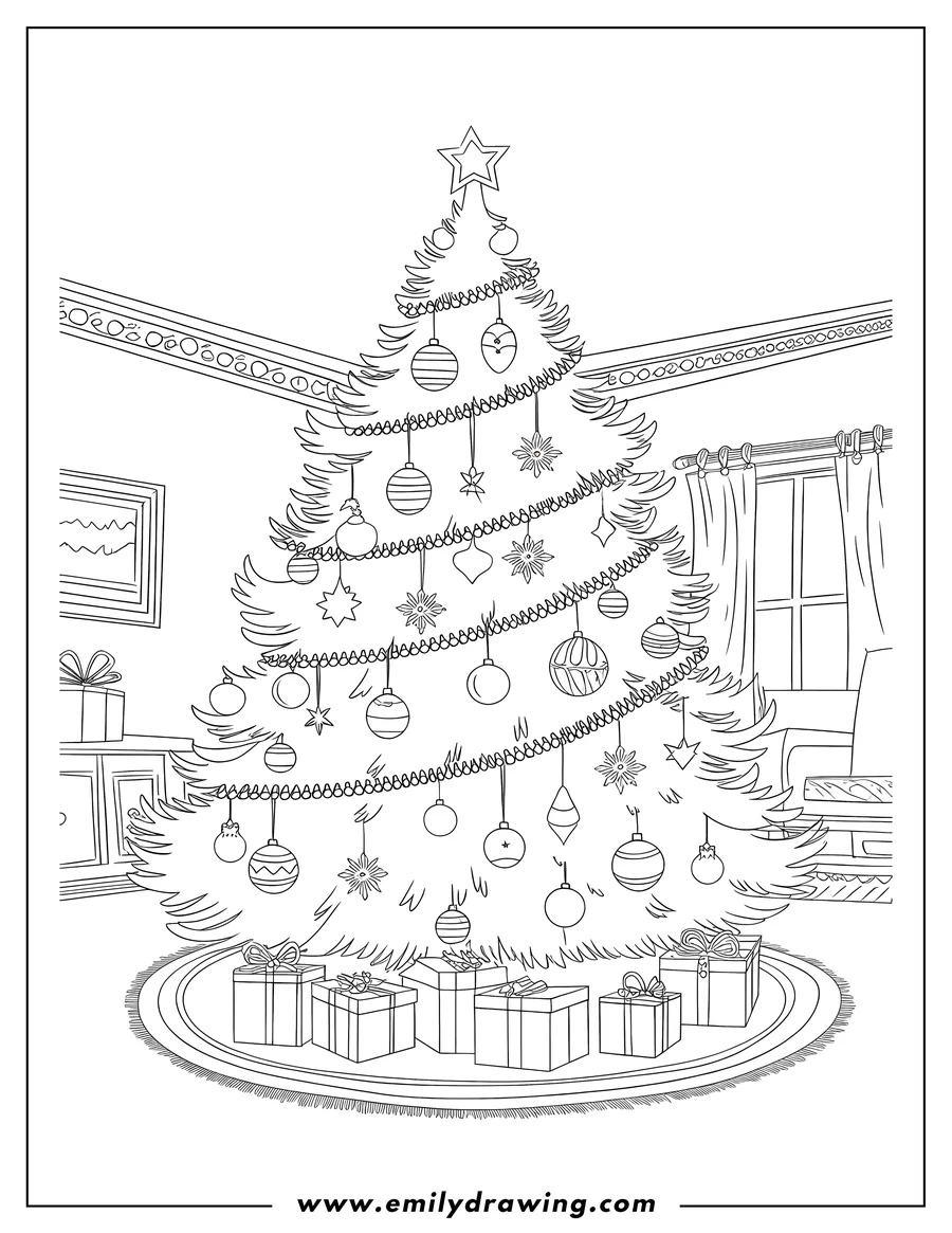Outline of a decorated Christmas tree with presents underneath. A star sits on top, and ornaments hang from the branches. The tree stands on a fringed rug, and presents are arranged beneath it. Other room details include furniture and a window with curtains.