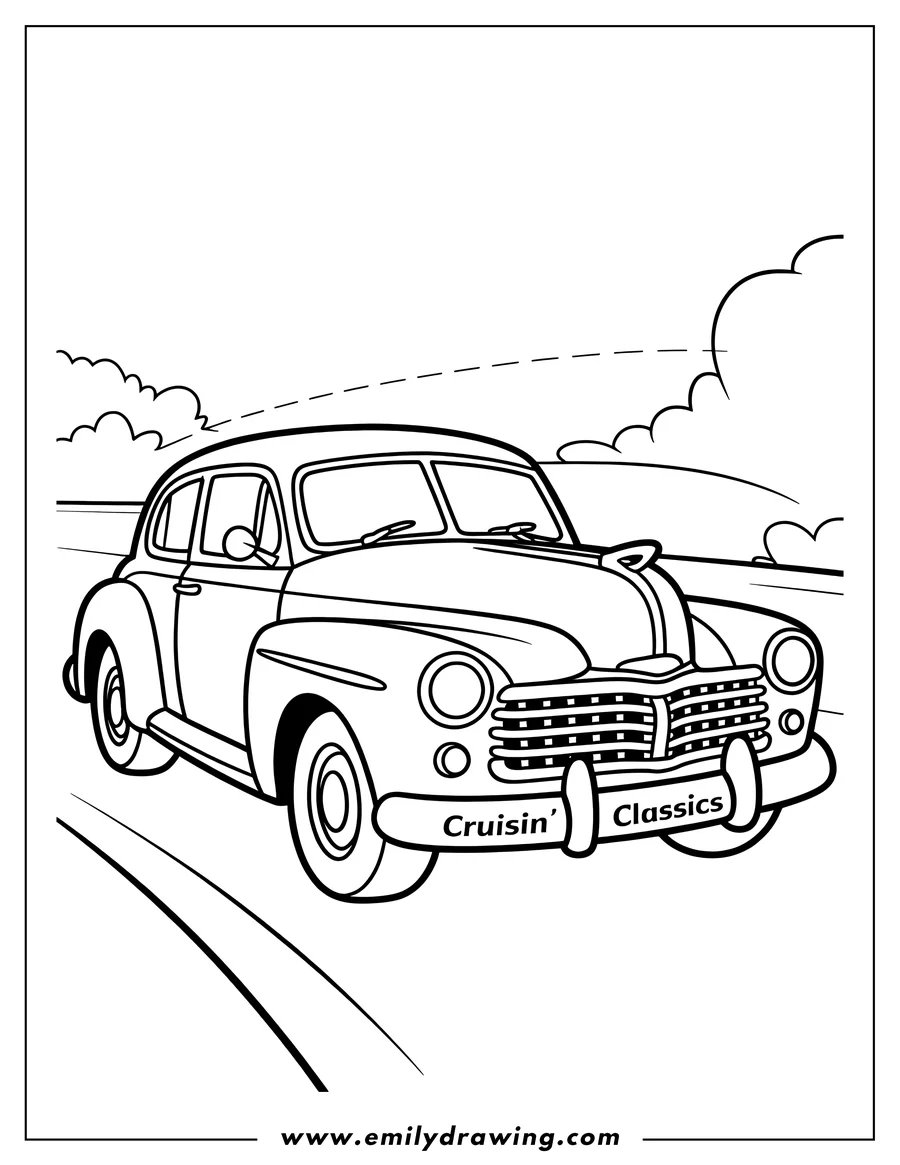 Outline of a classic car driving on a road.