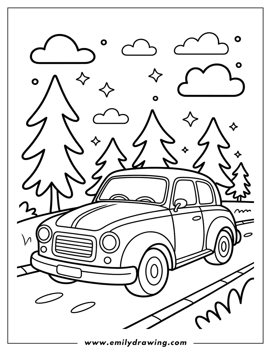 Line art of a classic car driving on a road near some trees.