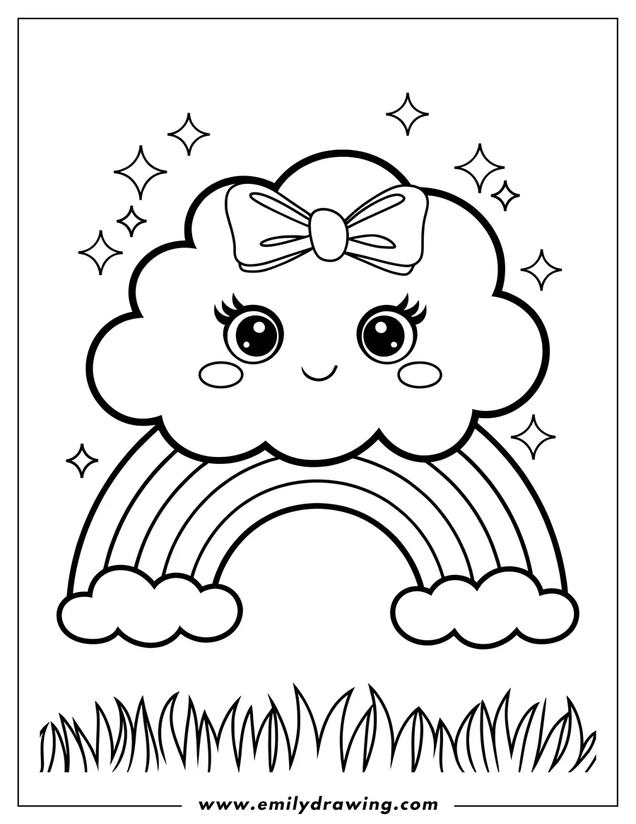 Outline of a smiling cloud wearing a bow with a rainbow below it and grass at the bottom.