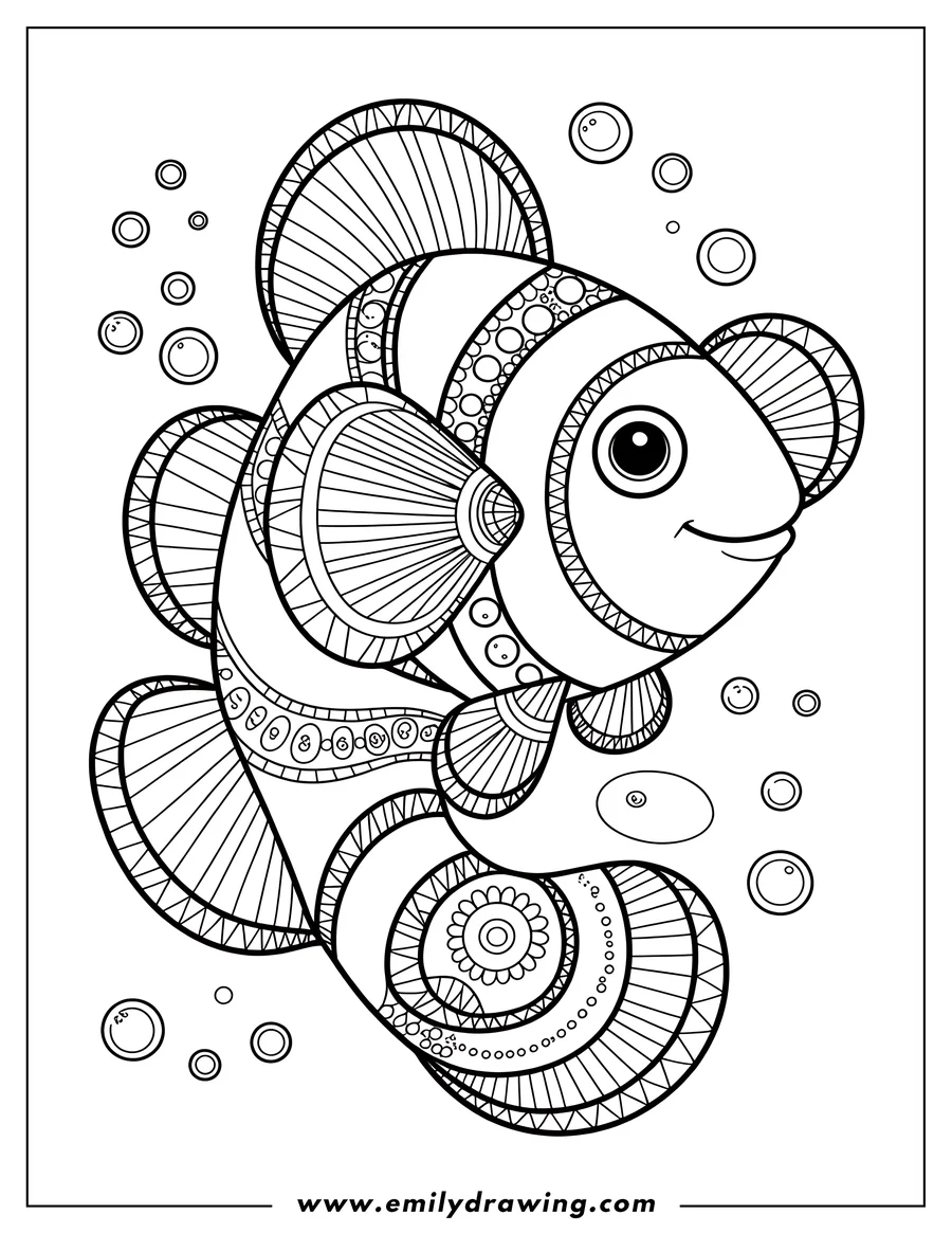 Line art of a clownfish with decorative patterns, surrounded by bubbles.