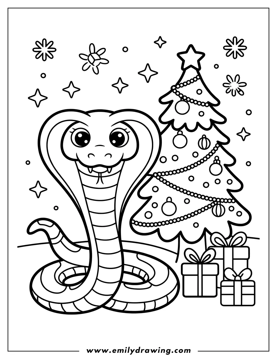Outline of a cobra snake sitting next to a decorated Christmas tree with wrapped presents underneath.