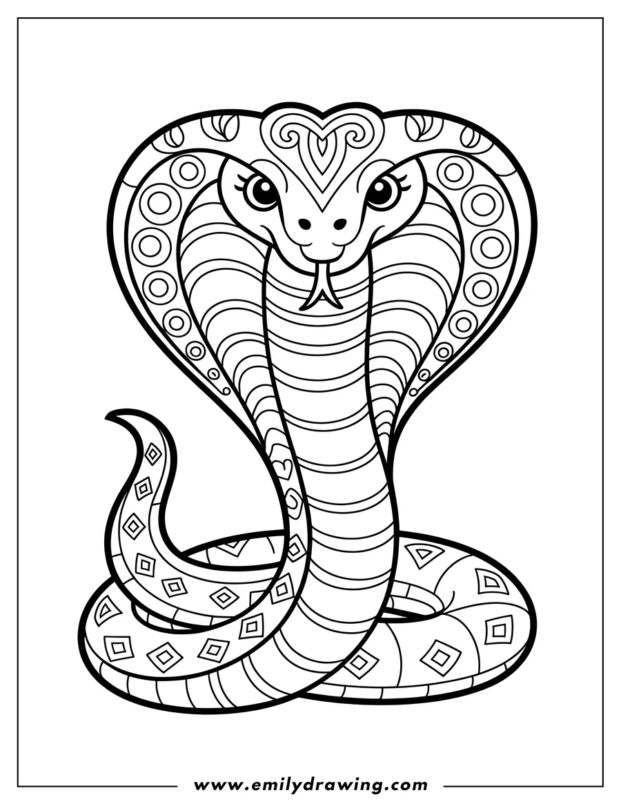 Line art of a cobra snake with its hood spread, ready to be colored.
