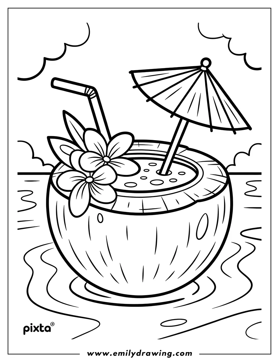 Outline of a coconut drink with a small umbrella, a straw, and tropical flowers, set against a simple beach backdrop.