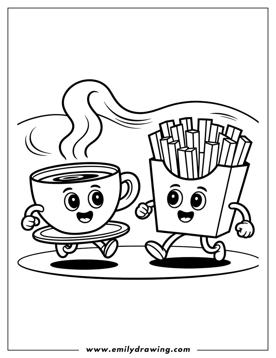 Line art of a cup of coffee and french fries walking. They have happy faces and look like friends!