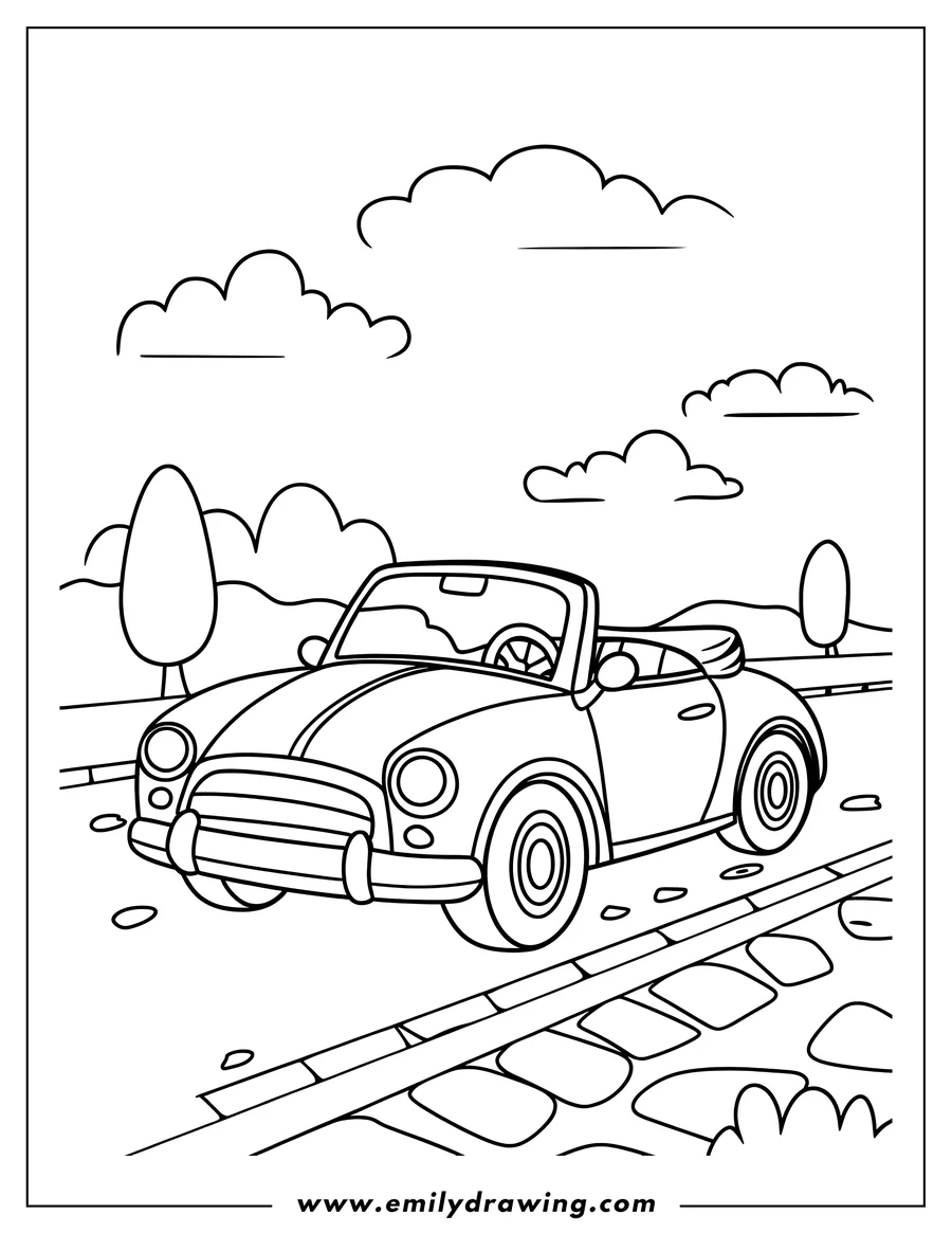 Outline of a convertible car driving on a road with a sidewalk, trees, and fluffy clouds in the sky.