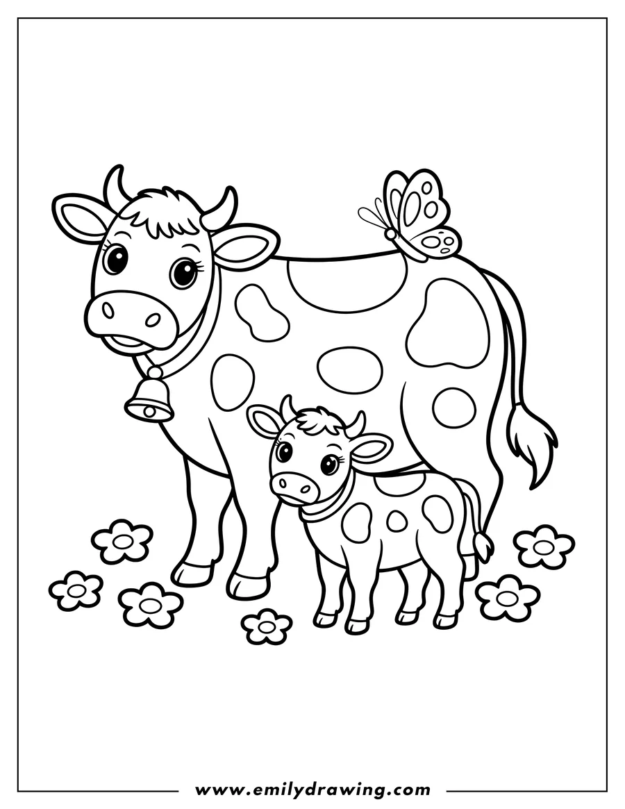 Outline of a cow with a butterfly on her back and her calf standing beside her amongst some simple flowers.