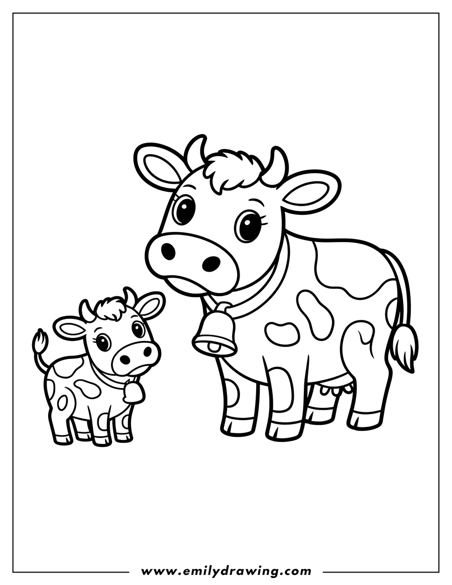 Outline of a cow and calf standing together. The cow has a bell around its neck. The calf also has a bell.