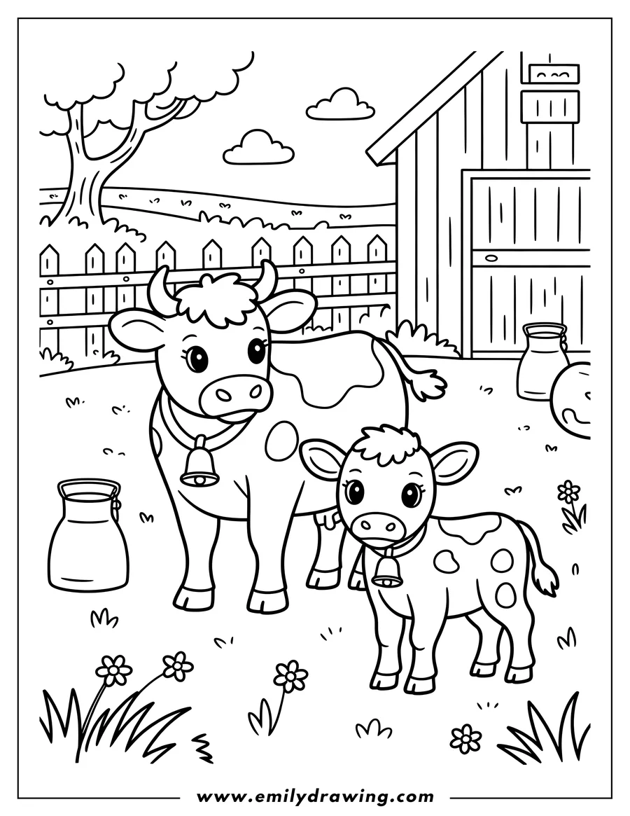 Line art of a cow and calf standing in a grassy field on a farm, near a barn, fence, milk jugs, and flowers.