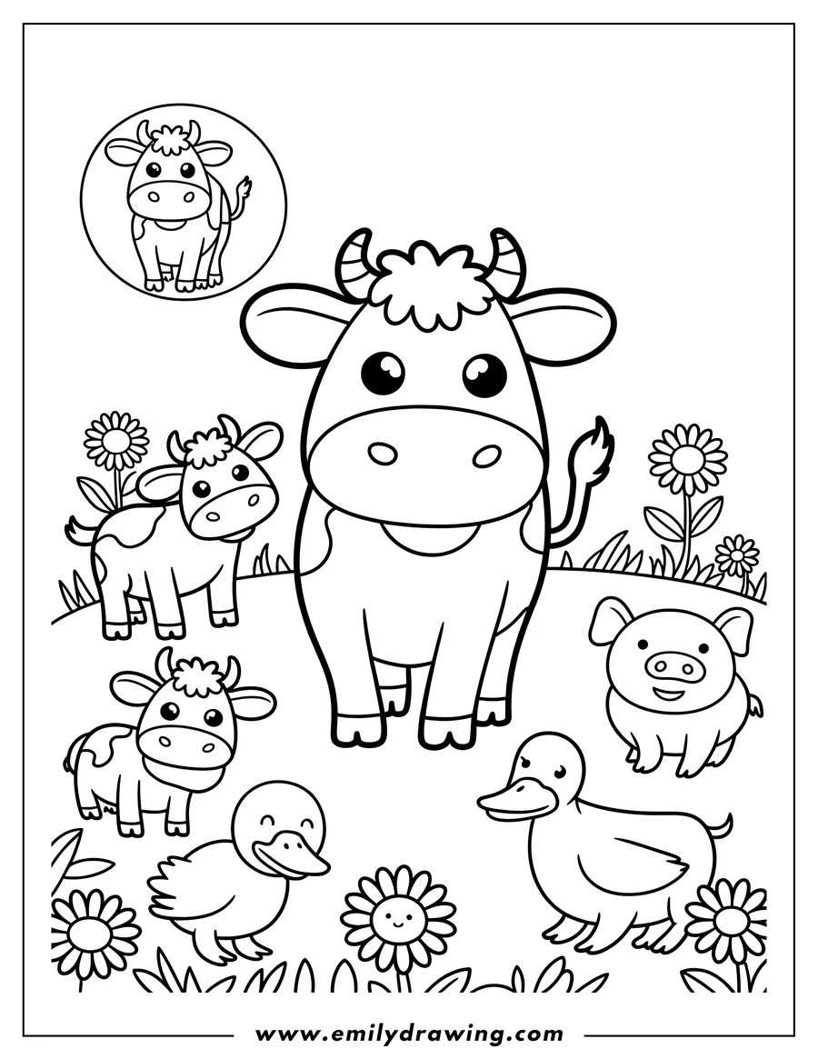 Outline of a cow with two calves, a pig, and two ducks standing in a flower-filled meadow.