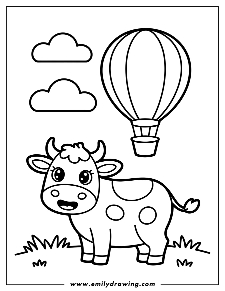 Outline of a cow standing in a field with a hot air balloon and clouds in the sky.
