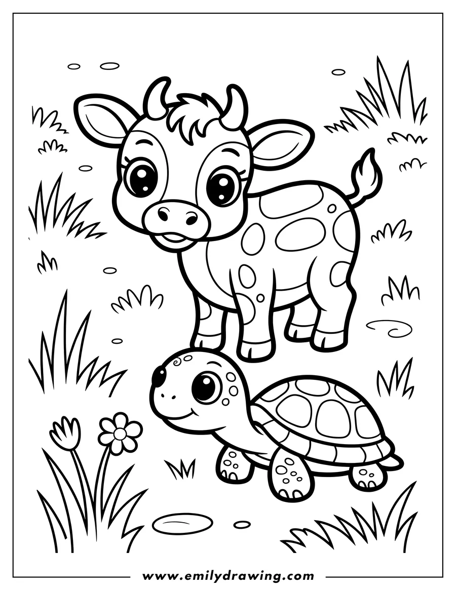 Outline of a spotted cow and a turtle in the grass with a flower and small puddles nearby.