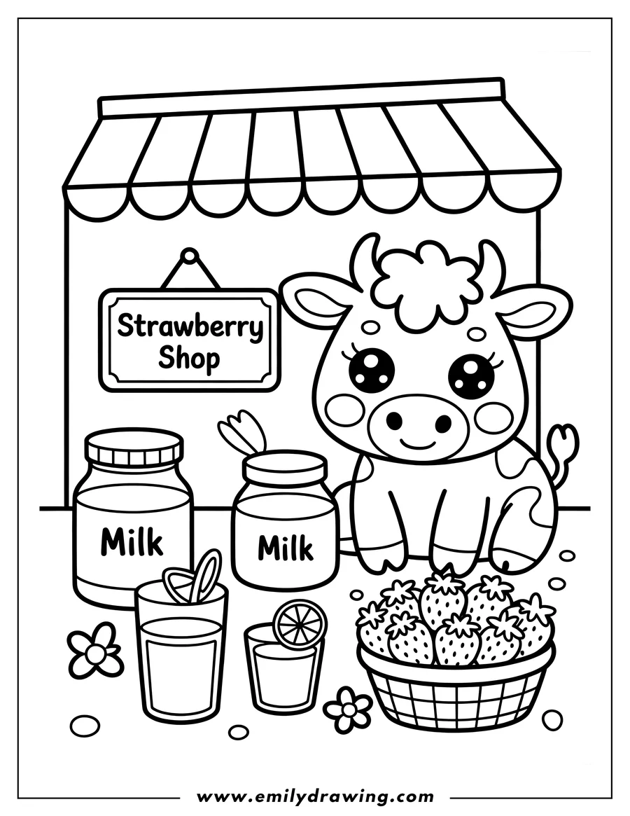 Line art of a cow sitting in front of a strawberry shop, with jars of milk, glasses of strawberry milk, and a basket of strawberries.