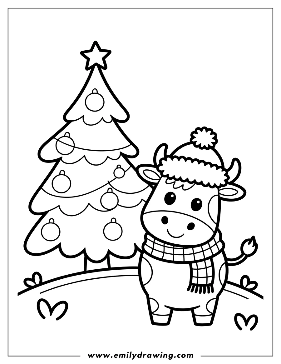 Outline of a cow wearing a winter hat and scarf standing next to a decorated Christmas tree.
