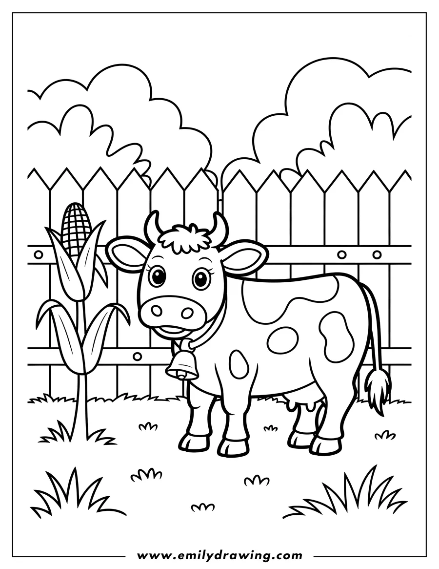 Outline of a cow standing by a fence.  Corn grows nearby.