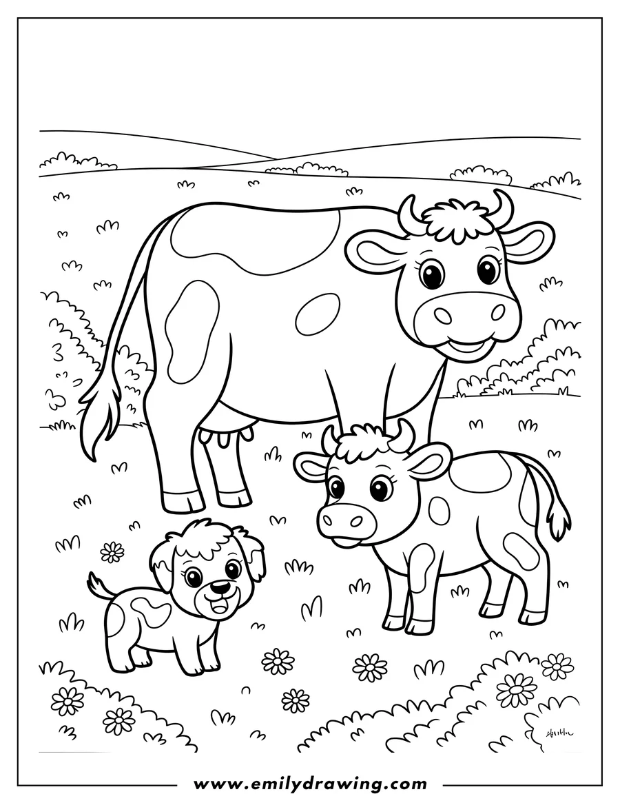 Outline of a cow and calf with a puppy in a field of flowers.