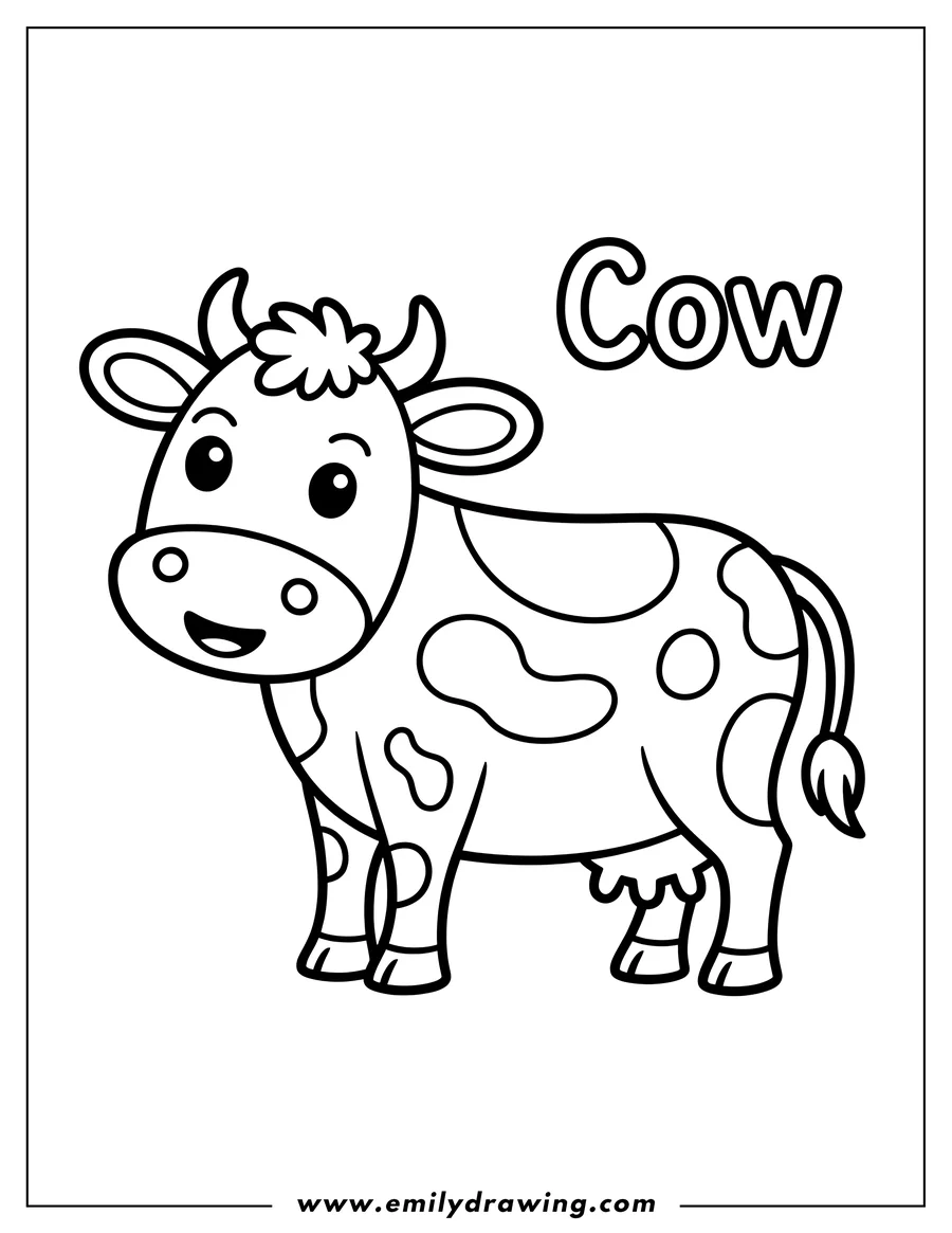 Line art of a friendly cow with spots, ready to be colored.