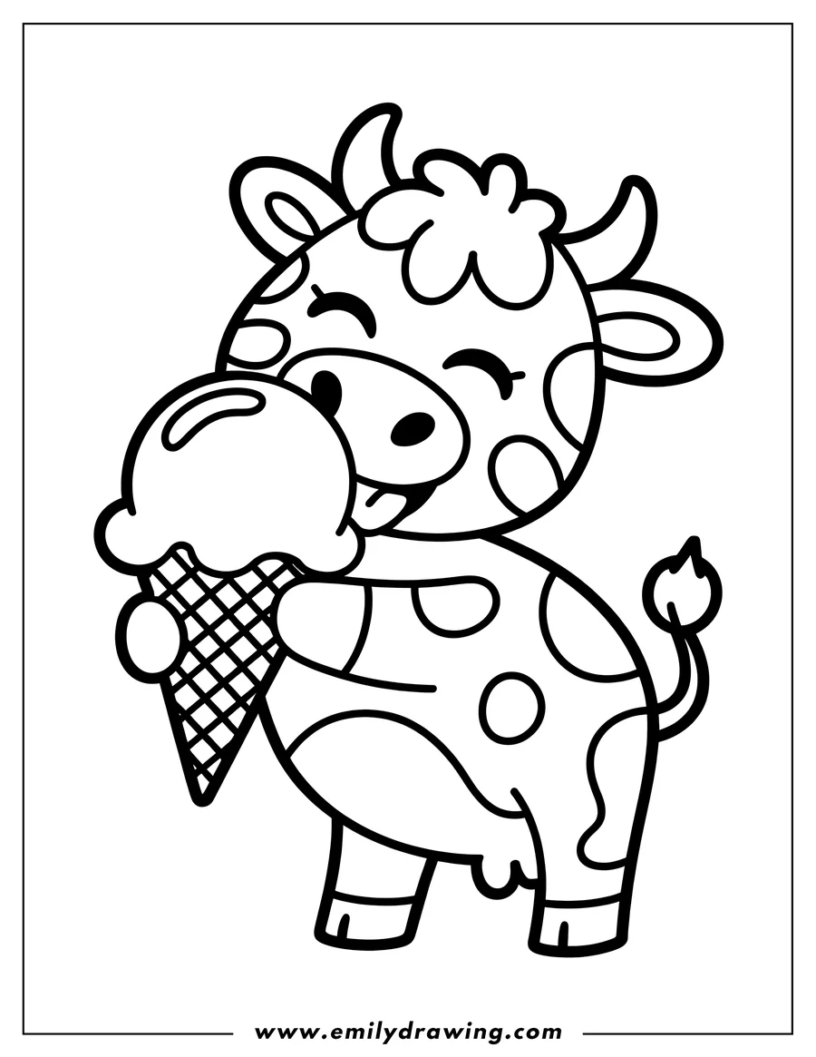 Outline of a happy cow enjoying an ice cream cone.